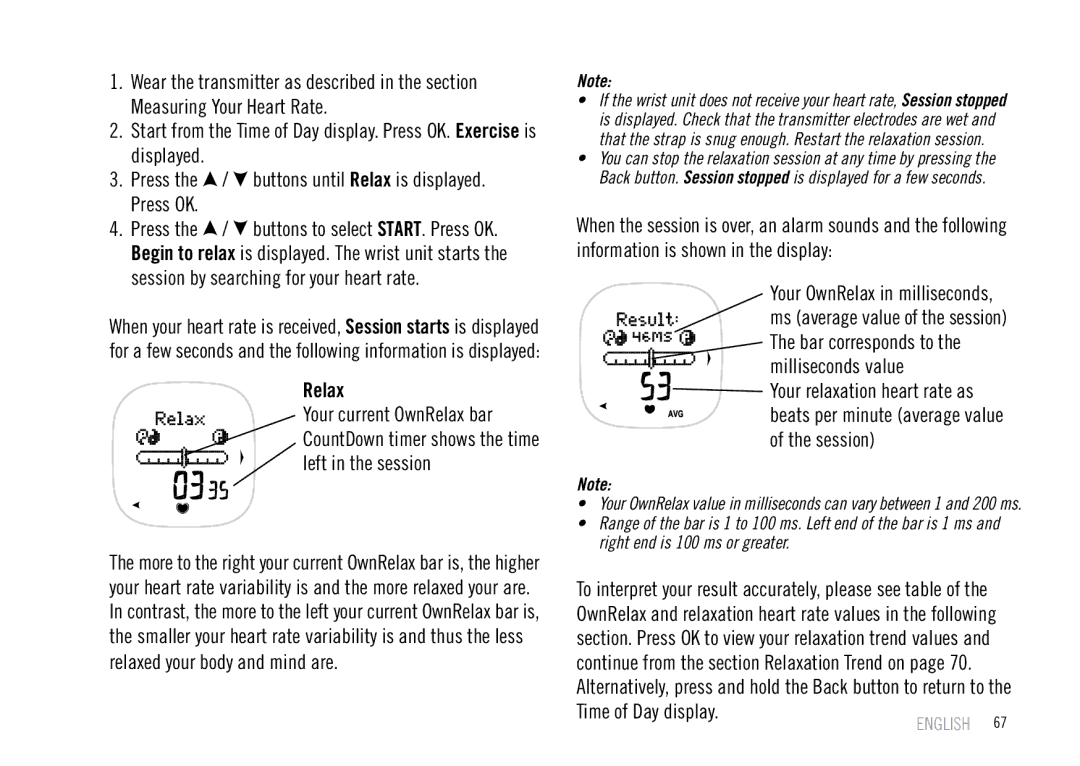 Polar F55 user manual Relax, Time of Day display 