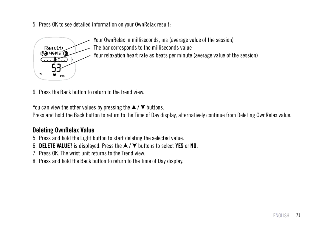 Polar F55 user manual Deleting OwnRelax Value 