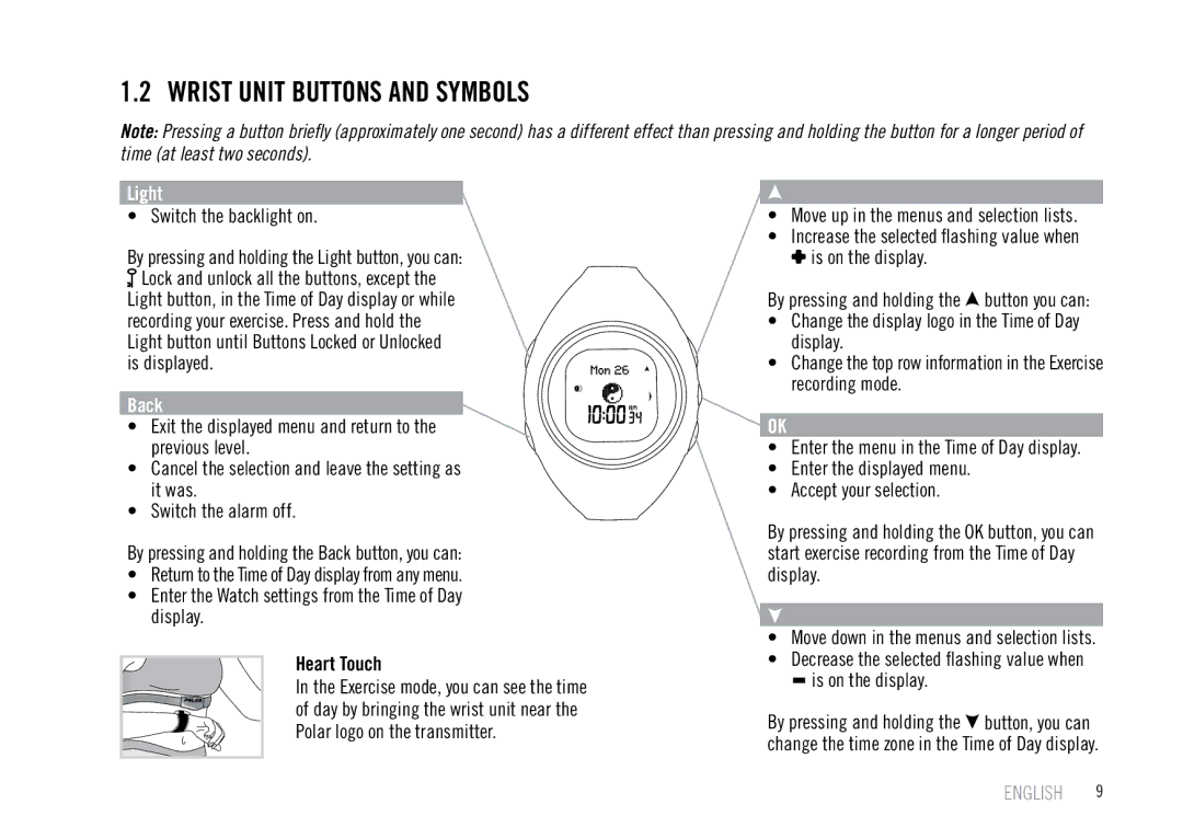 Polar F55 user manual Wrist Unit Buttons and Symbols, Light 