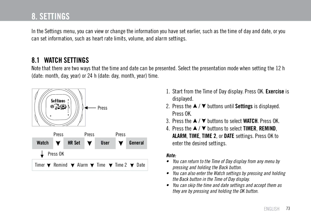 Polar F55 user manual Watch Settings 