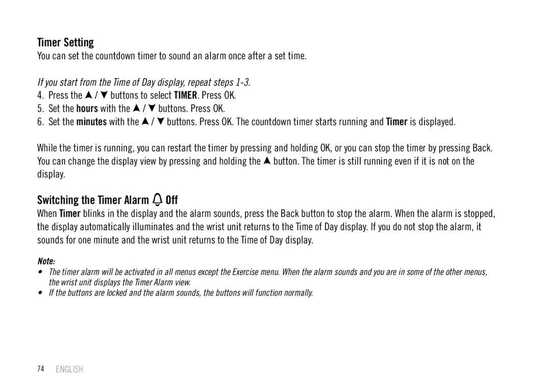 Polar F55 user manual Timer Setting, Switching the Timer Alarm Off 