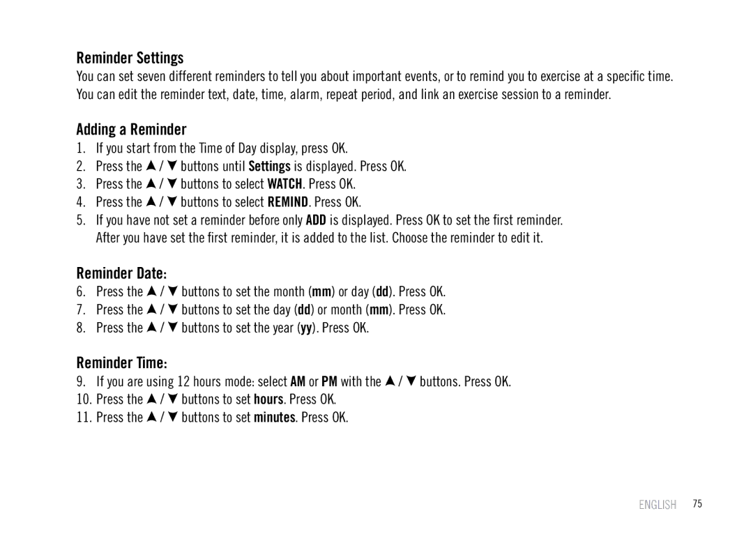 Polar F55 user manual Reminder Settings, Adding a Reminder, Reminder Date, Reminder Time 