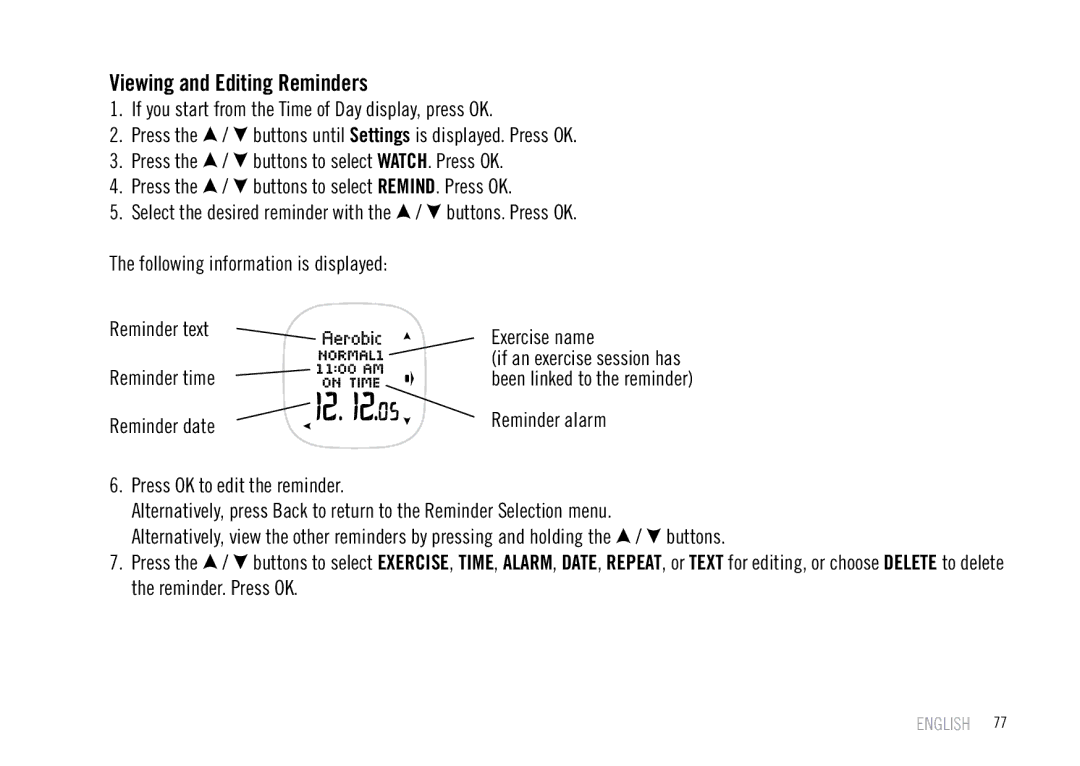 Polar F55 user manual Viewing and Editing Reminders 