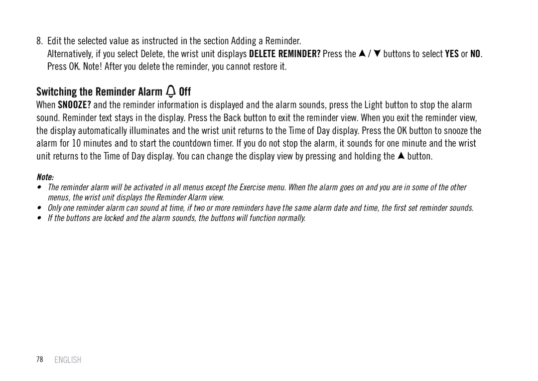 Polar F55 user manual Switching the Reminder Alarm Off 