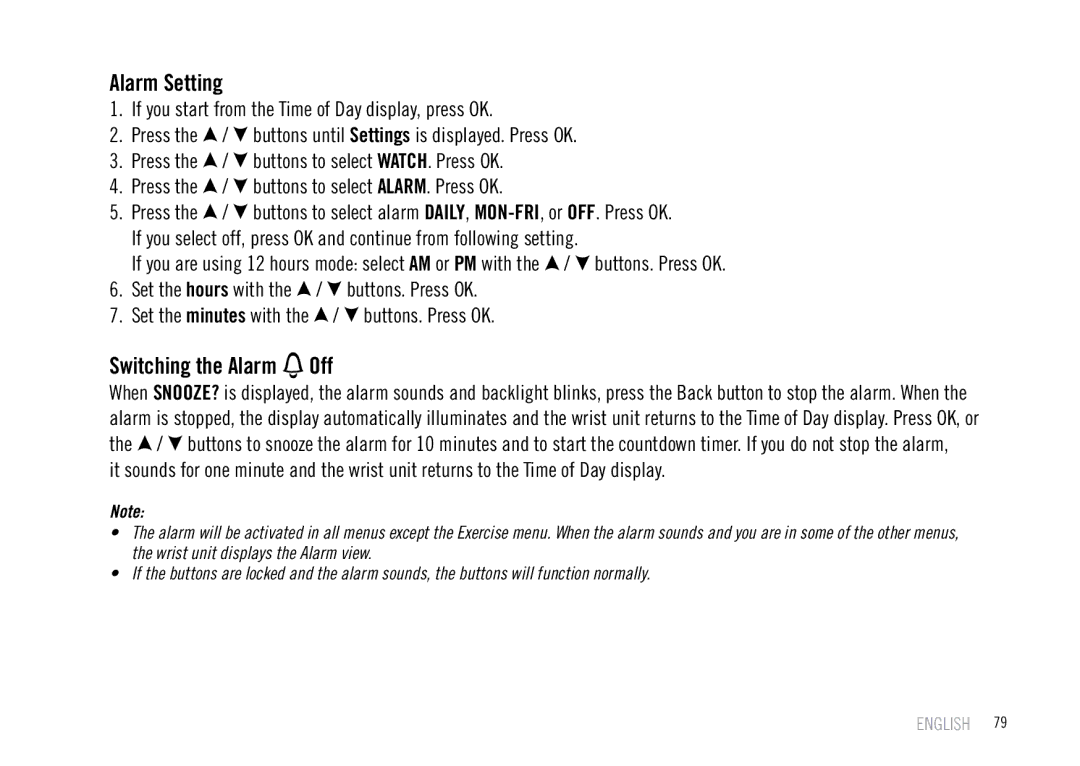 Polar F55 user manual Alarm Setting, Switching the Alarm Off 