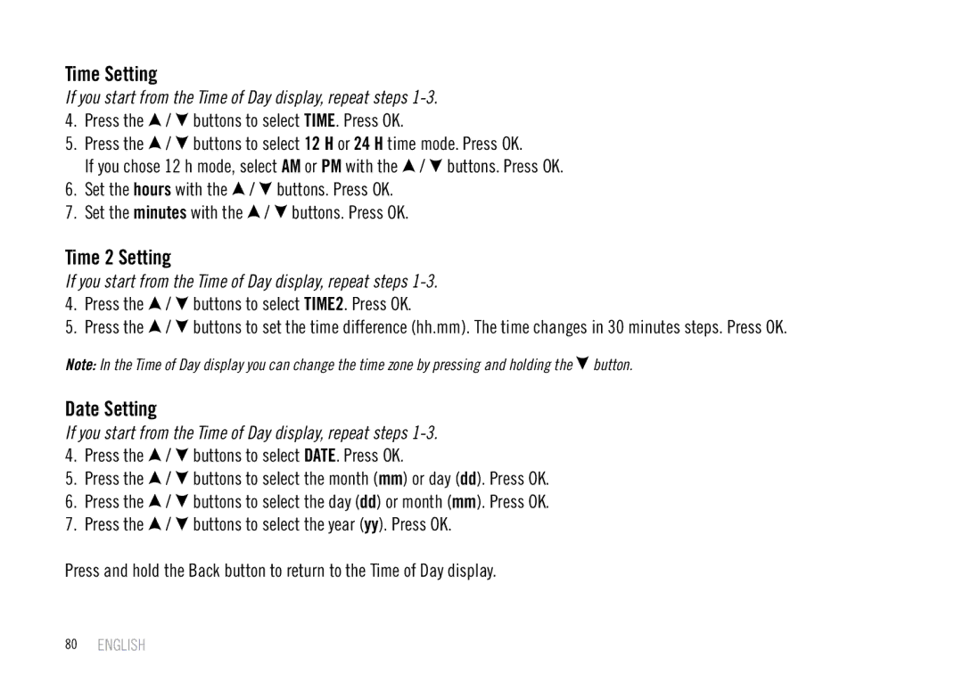 Polar F55 user manual Time Setting, Time 2 Setting, Date Setting, Press the / buttons to select TIME2. Press OK 