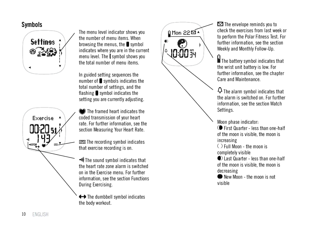 Polar F55 user manual Symbols, Moon phase indicator 