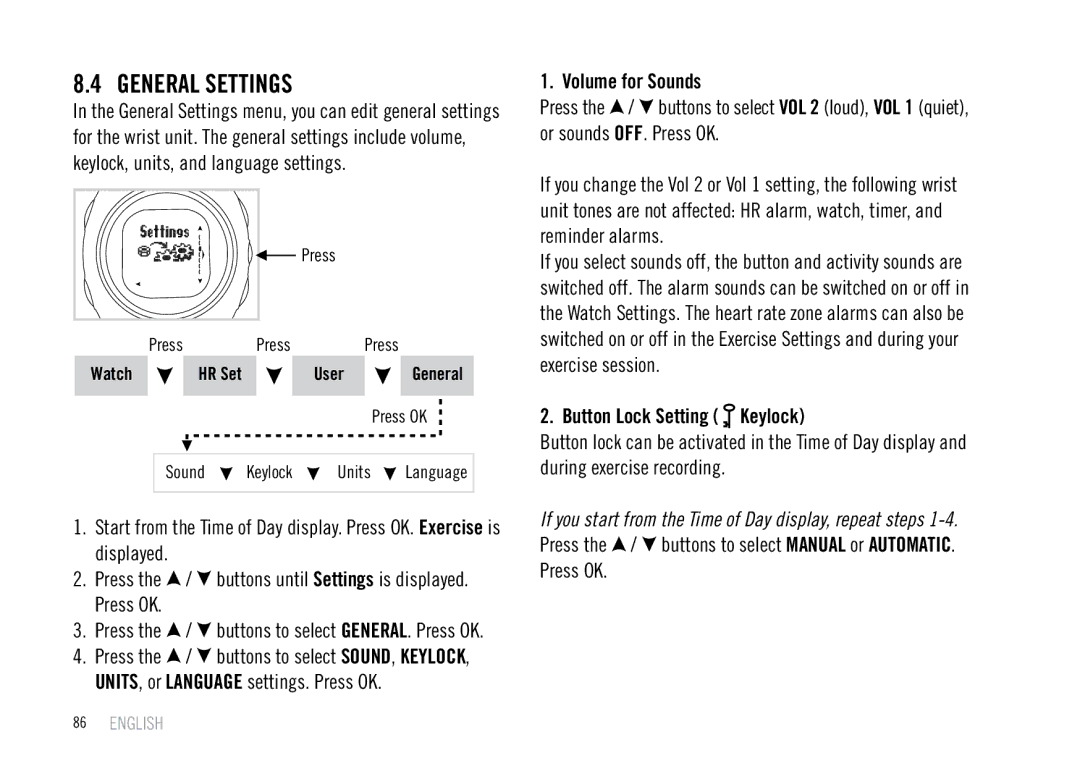 Polar F55 user manual General Settings, Volume for Sounds, Button Lock Setting Keylock 