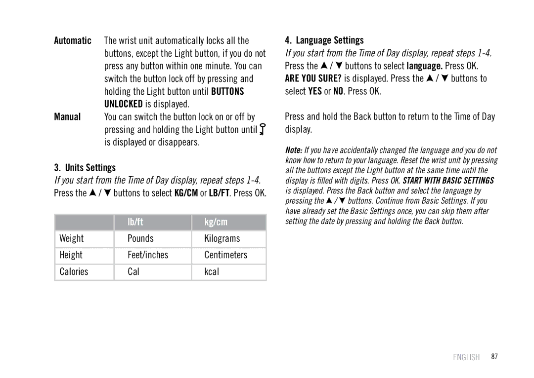 Polar F55 user manual Units Settings, Language Settings 