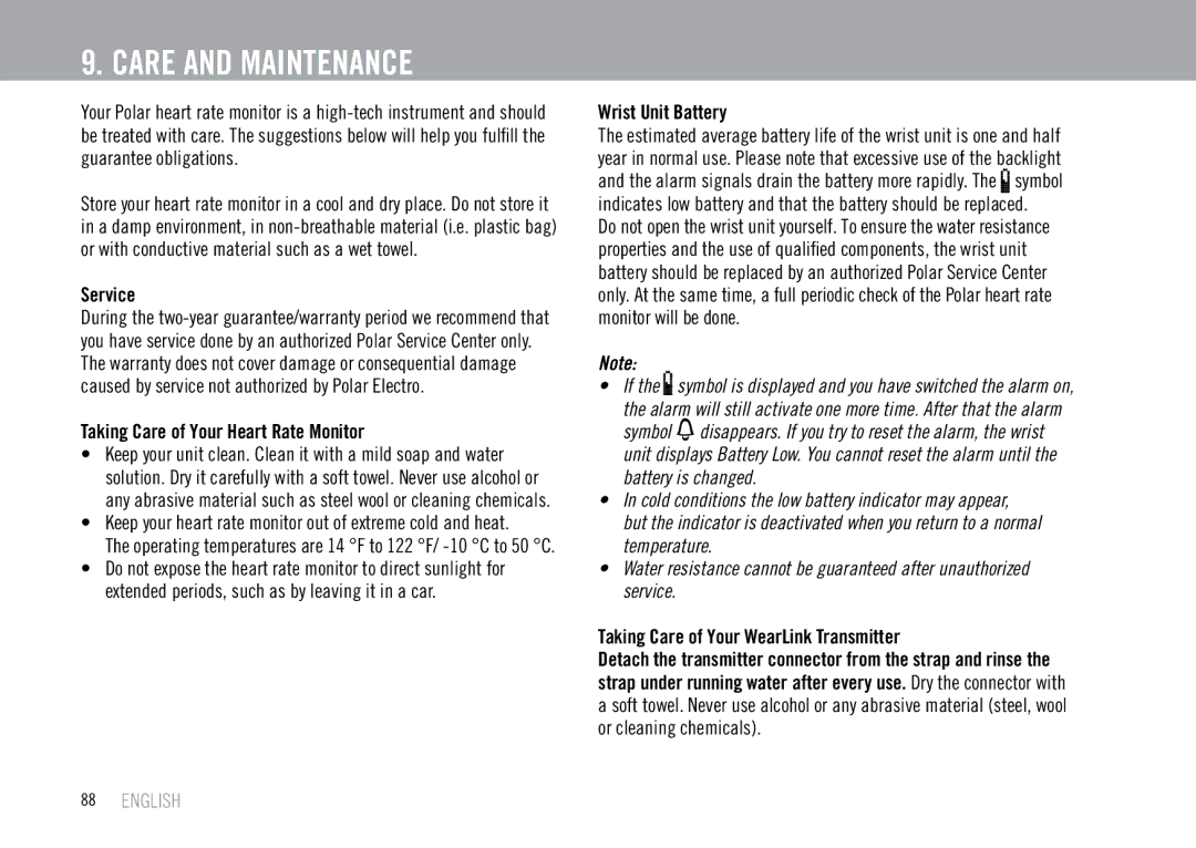 Polar F55 user manual Care and Maintenance 