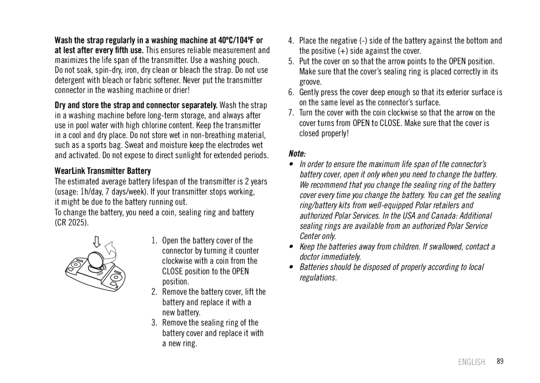 Polar F55 user manual WearLink Transmitter Battery 