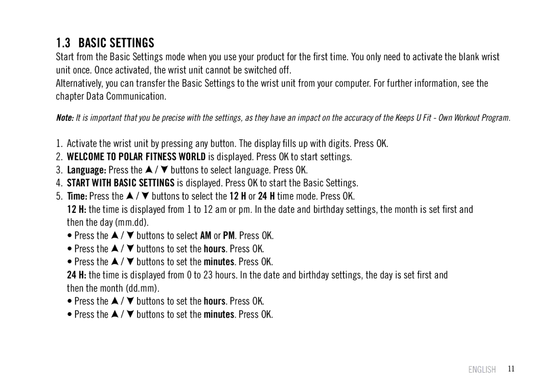 Polar F55 user manual Basic Settings 