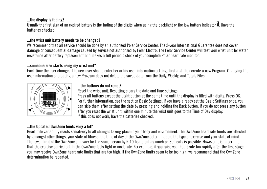 Polar F55 user manual Display is fading? 