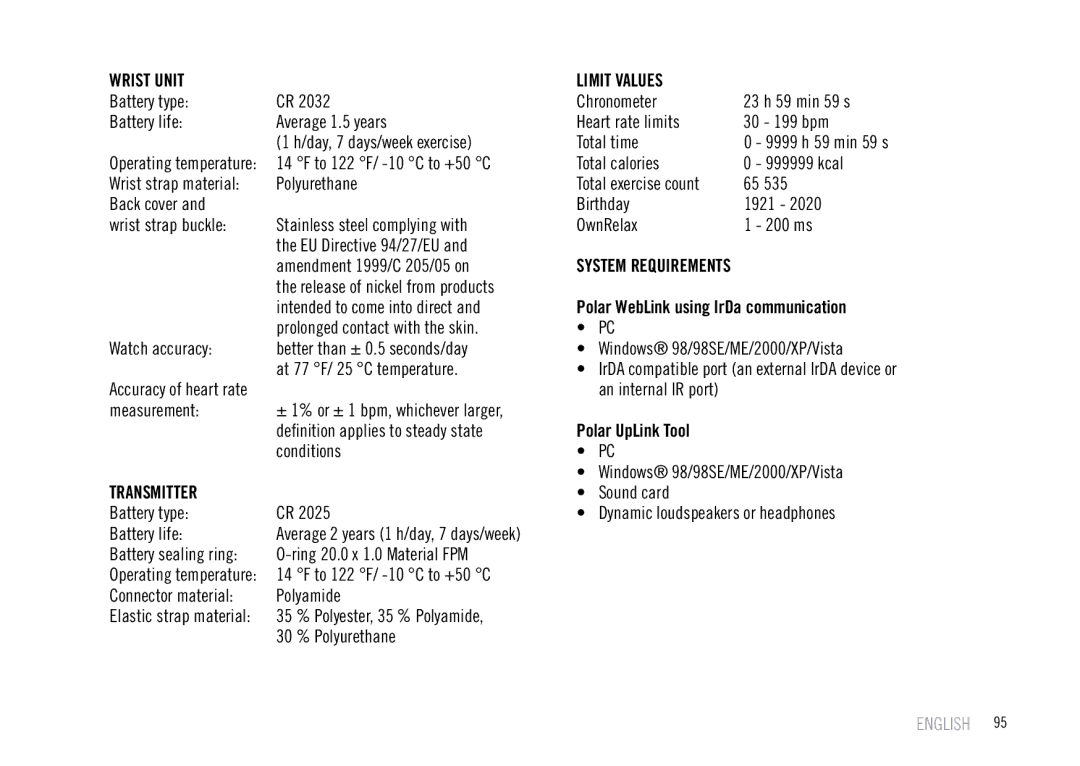 Polar F55 user manual Wrist Unit Limit Values 