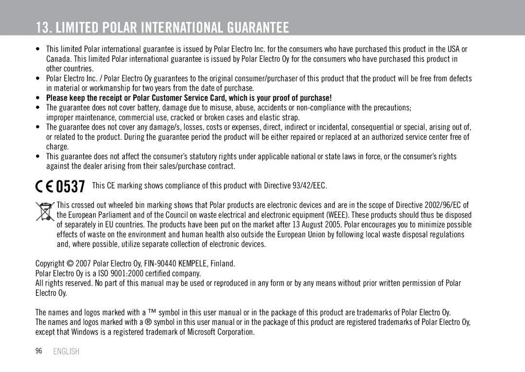 Polar F55 user manual Limited Polar International Guarantee 