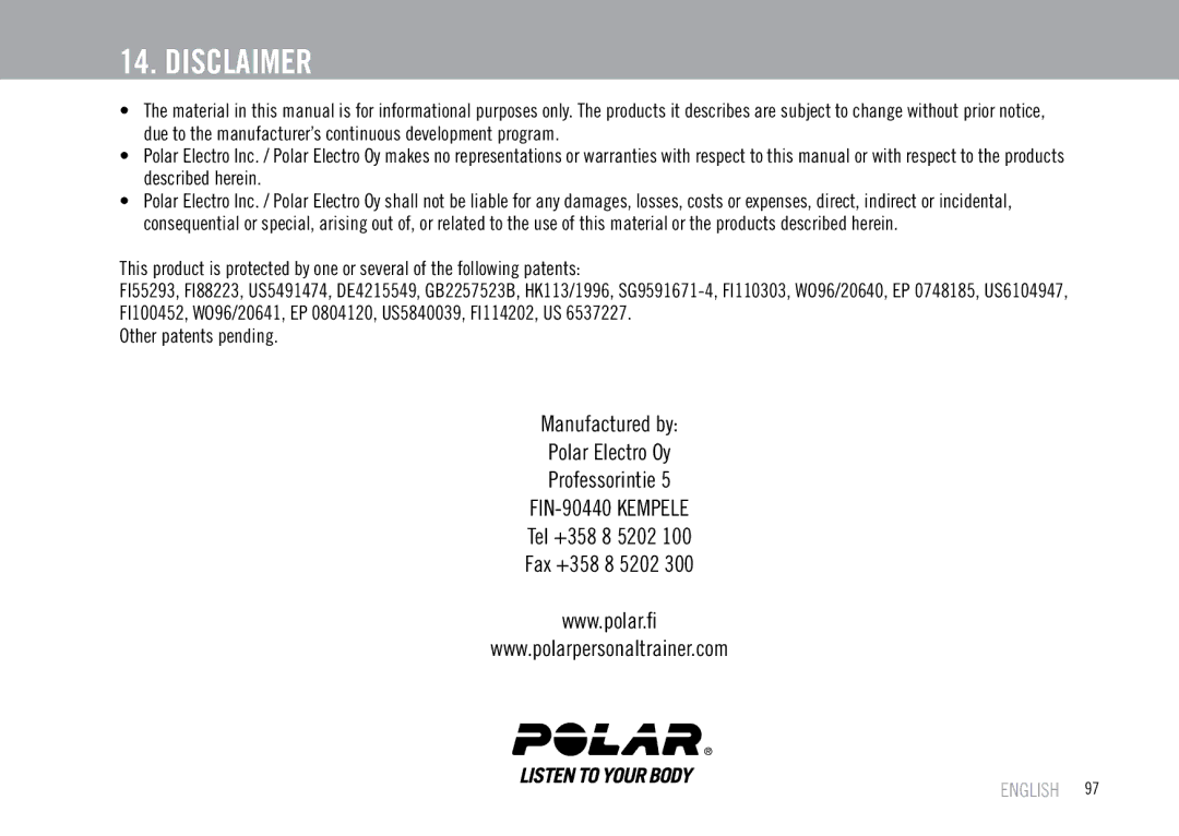 Polar F55 user manual Manufactured by Polar Electro Oy Professorintie, Tel +358 8 5202 Fax +358 8 5202 