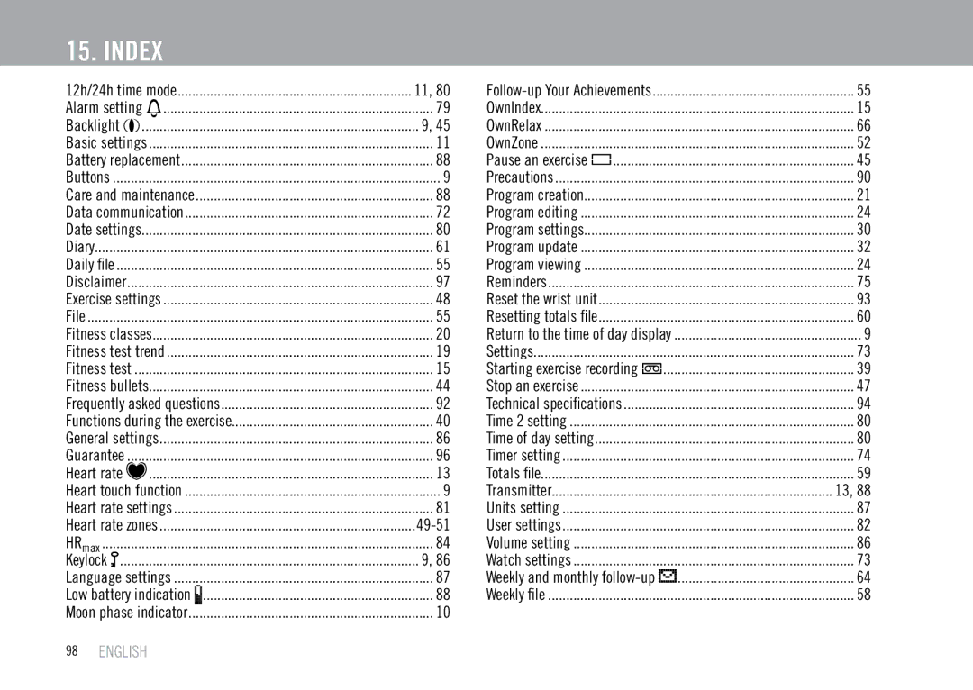 Polar F55 user manual Index 