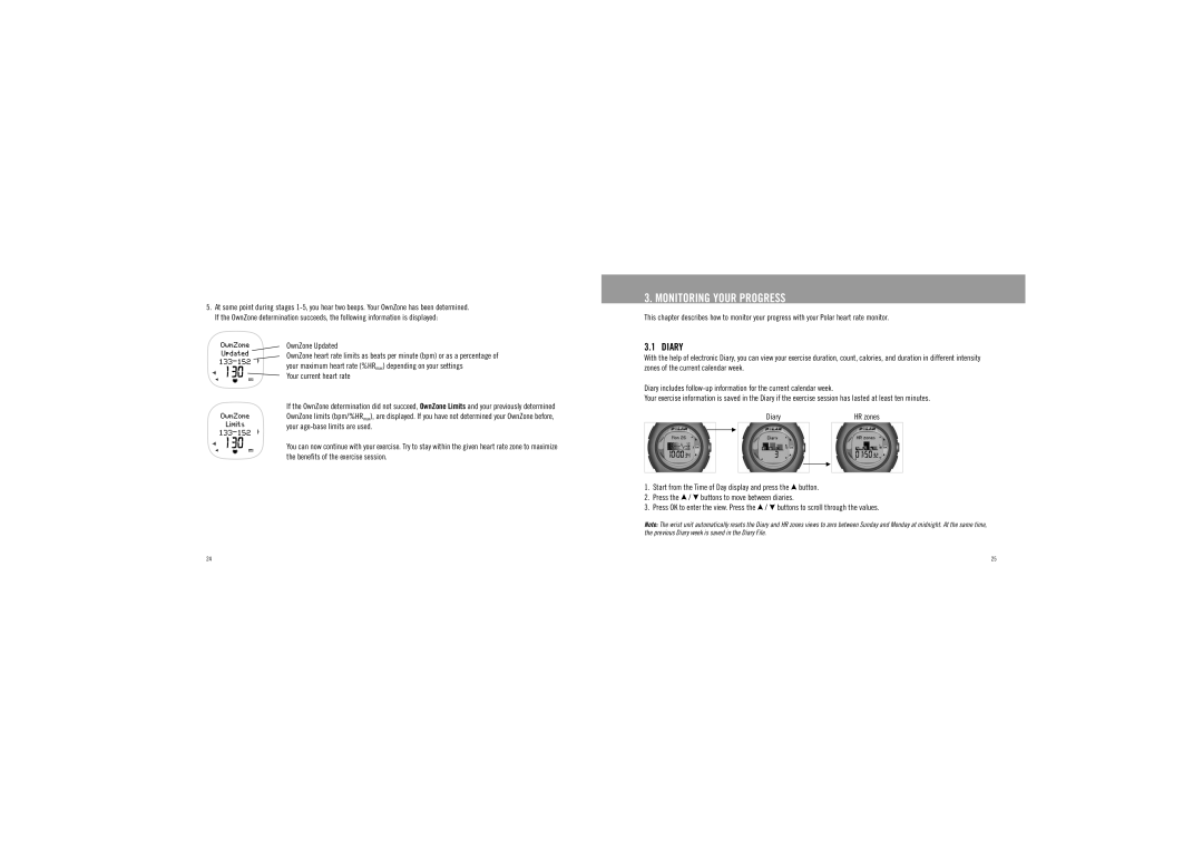 Polar F6 user manual Monitoring Your Progress, Diary, OwnZone Updated, Your current heart rate 