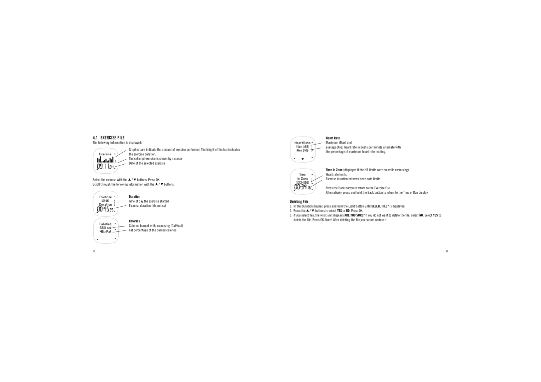 Polar F6 user manual Exercise File, Deleting File, Duration, Calories, Heart Rate 