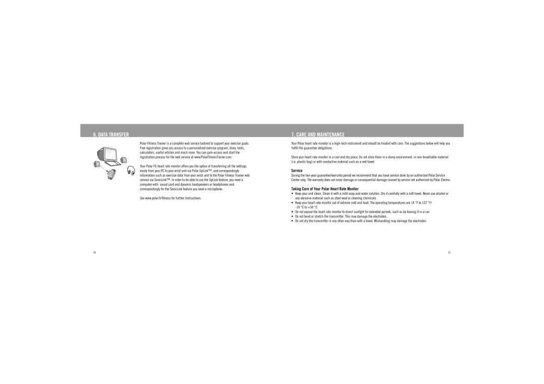 Polar F6 user manual Data Transfer, Care and Maintenance, Service, Taking Care of Your Polar Heart Rate Monitor 