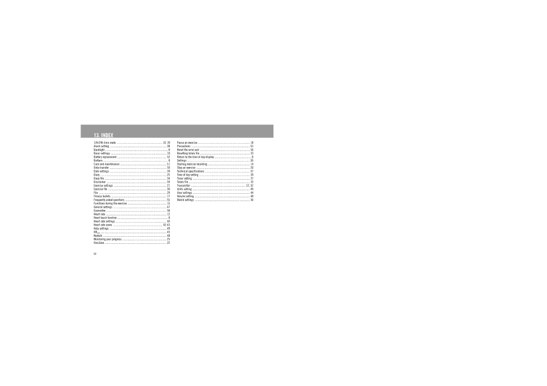 Polar F6 user manual Index, 12h/24h time mode 