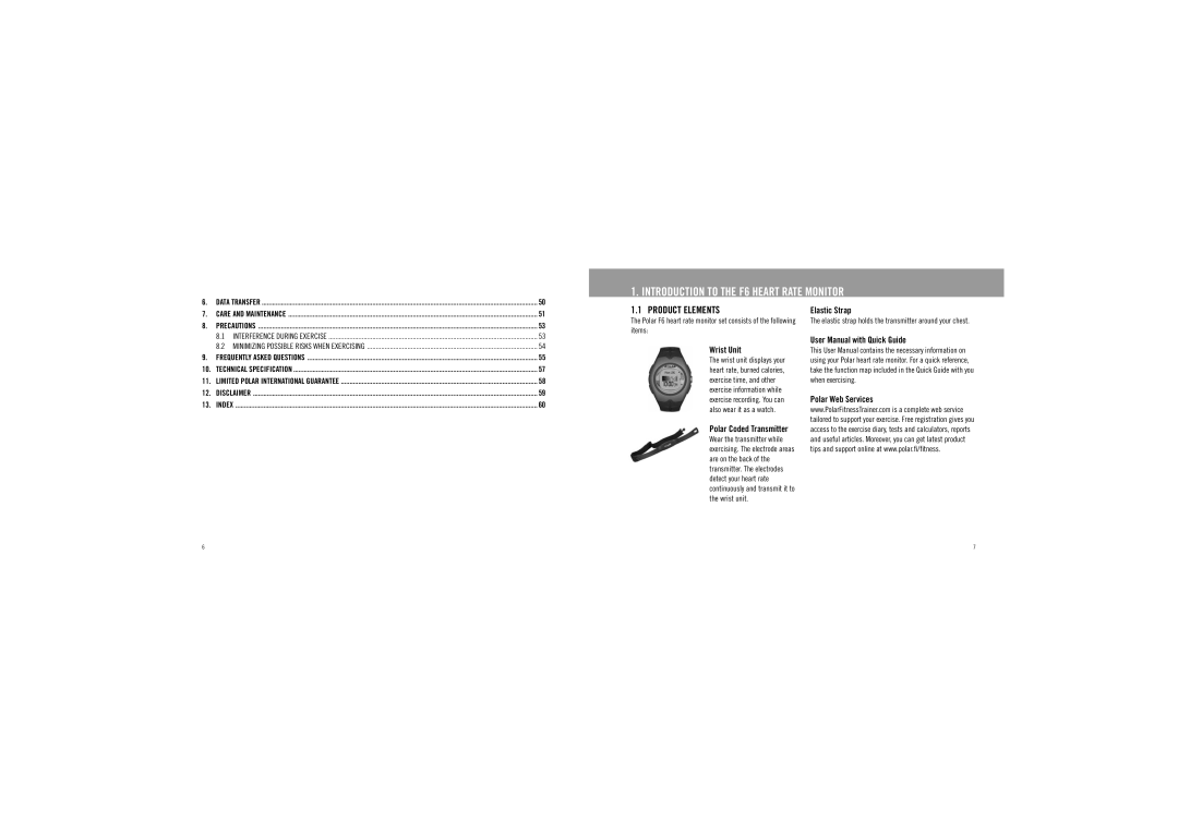 Polar Introduction to the F6 Heart Rate Monitor, Product Elements, Elastic Strap, Wrist Unit, Polar Web Services 