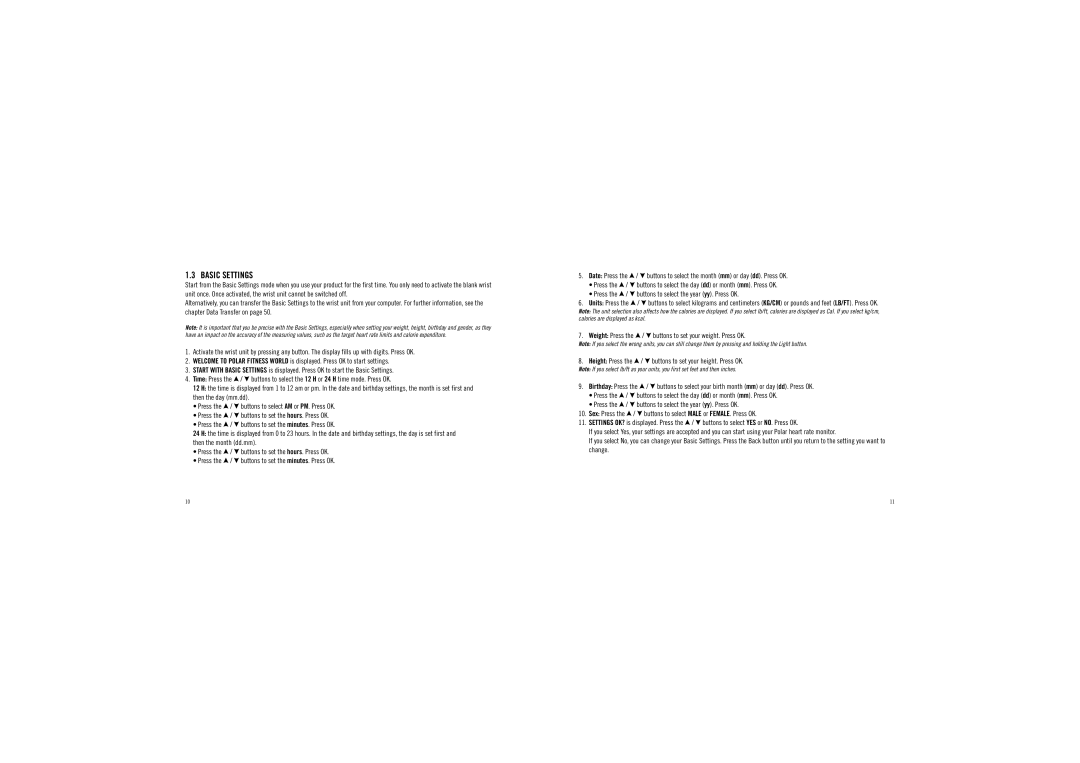 Polar F6 user manual Basic Settings 