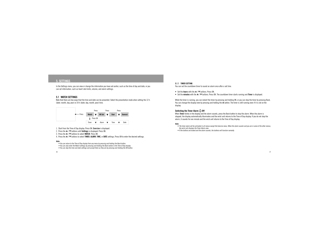 Polar F6TM user manual Watch Settings, Switching the Timer Alarm Off 