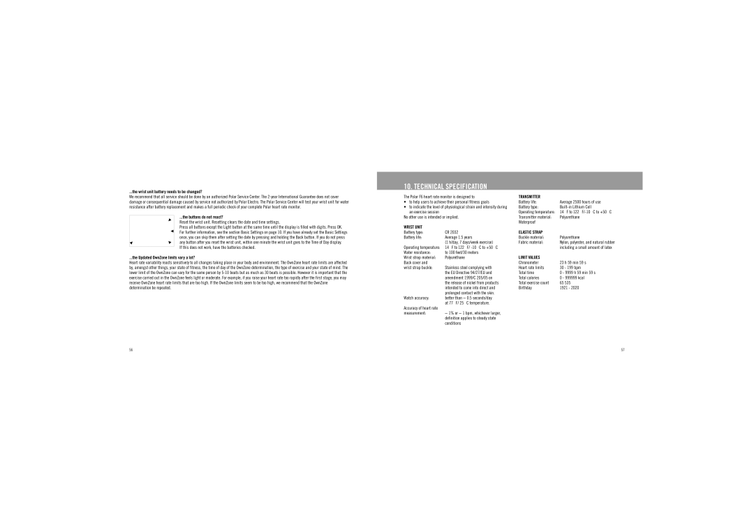 Polar F6TM user manual Technical Specification, Wrist unit battery needs to be changed? 