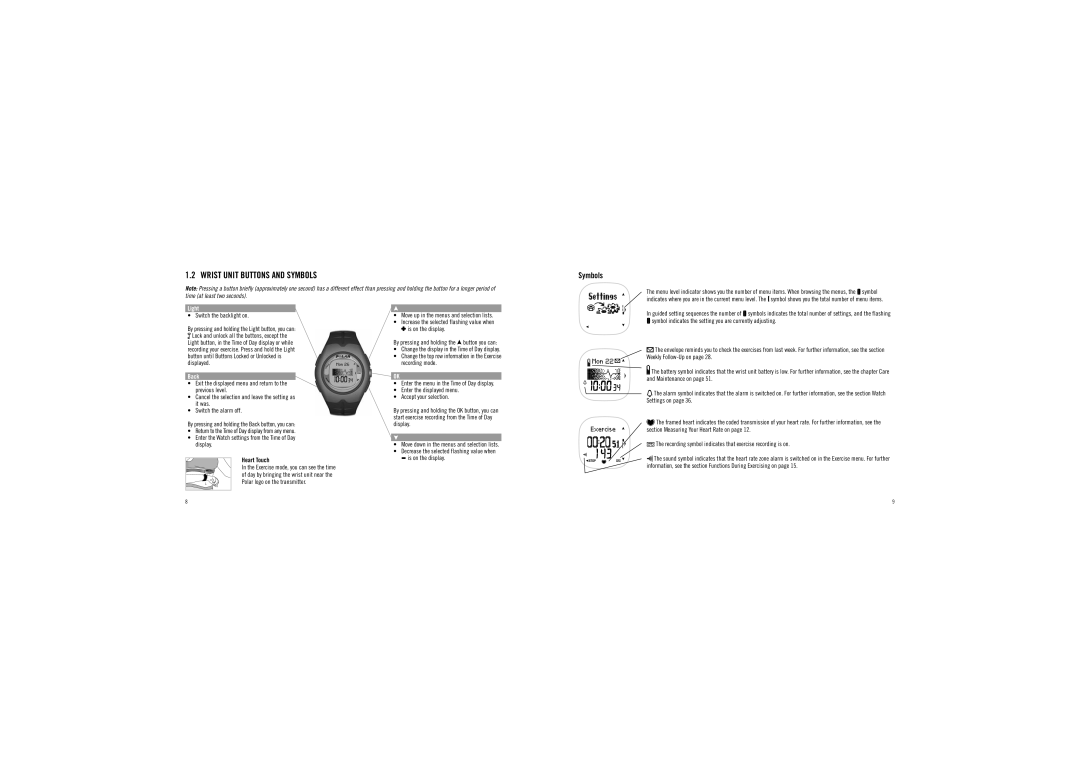 Polar F6TM user manual Wrist Unit Buttons and Symbols 