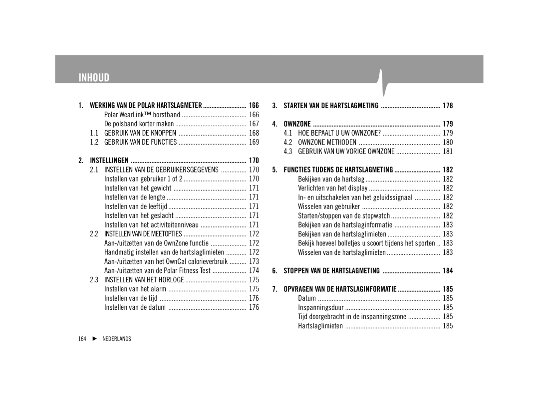 Polar F92ti user manual 179, 180, 181, 182, 183, 185 