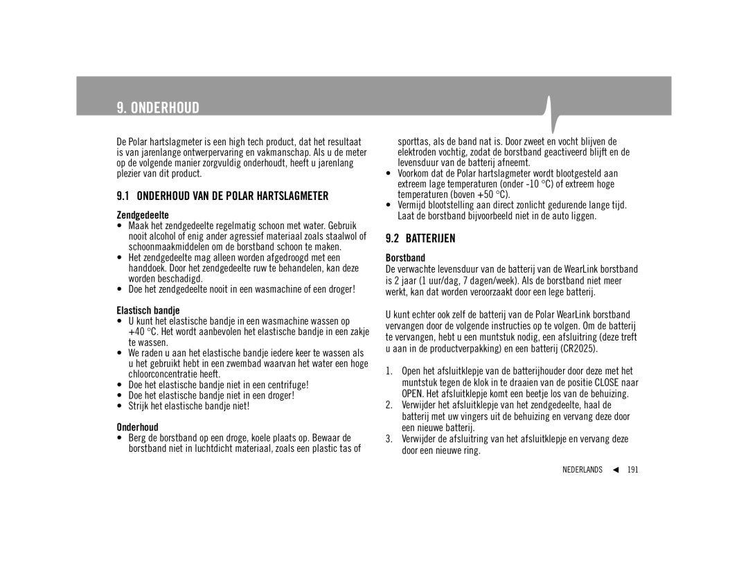 Polar F92ti user manual Onderhoud, Batterijen 