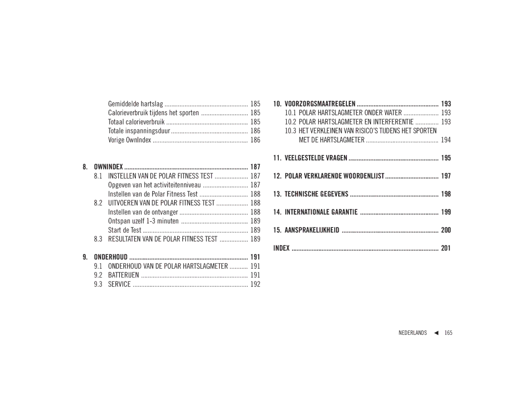 Polar F92ti user manual 193, 186, 194, 187, 188, 189, 191, 192 