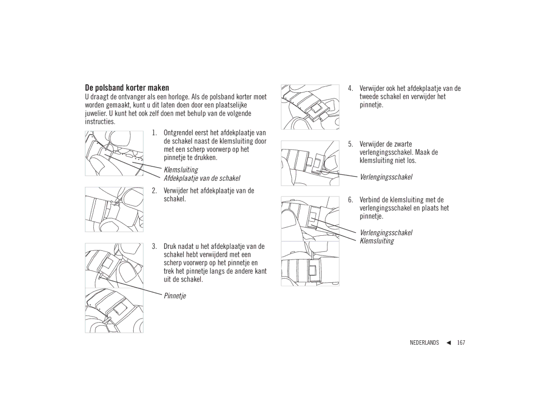 Polar F92ti user manual De polsband korter maken, Verwijder het afdekplaatje van de Schakel 