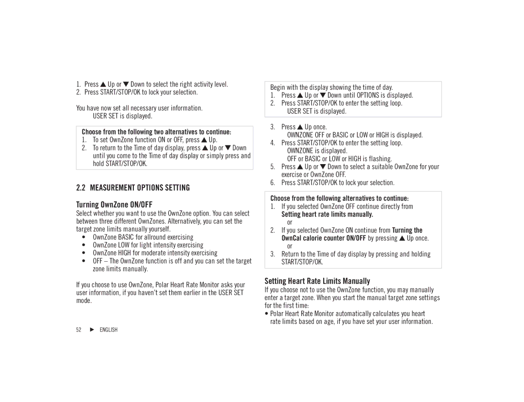 Polar F92tiTM user manual Measurement Options Setting, Turning OwnZone ON/OFF, Setting Heart Rate Limits Manually 