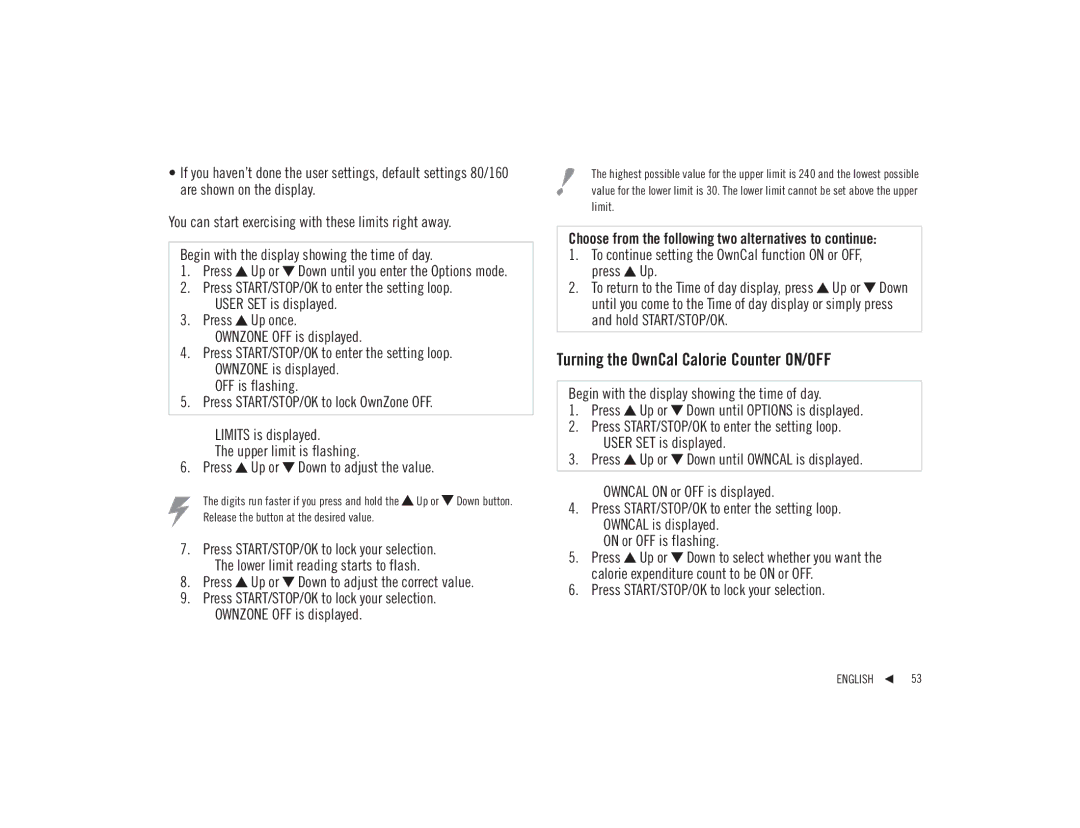 Polar F92tiTM user manual Turning the OwnCal Calorie Counter ON/OFF 