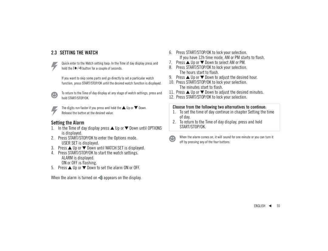 Polar F92tiTM user manual Setting the Watch, Setting the Alarm, Press START/STOP/OK to enter the Options mode 