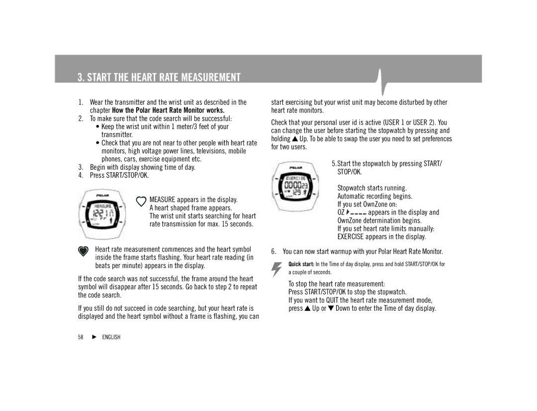 Polar F92tiTM user manual Begin with display showing time of day Press START/STOP/OK 