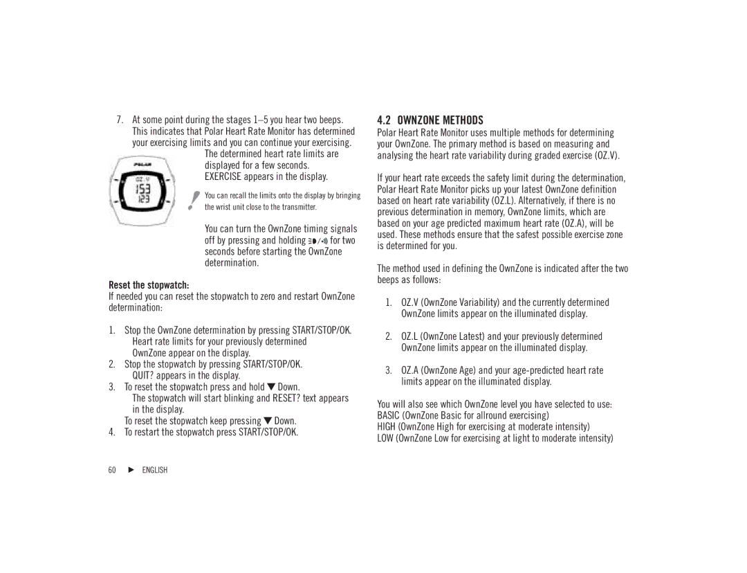 Polar F92tiTM user manual Ownzone Methods, Reset the stopwatch, Stop the stopwatch by pressing START/STOP/OK, Display 