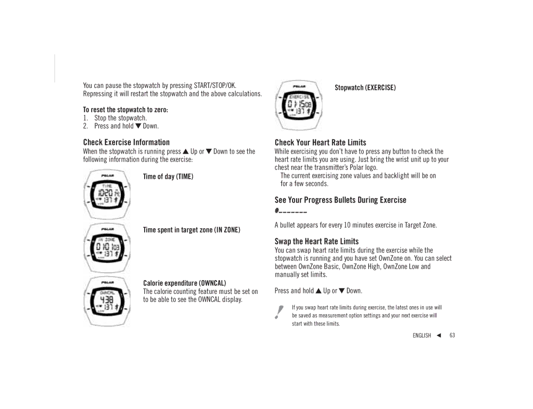 Polar F92tiTM Check Exercise Information, Check Your Heart Rate Limits, See Your Progress Bullets During Exercise 