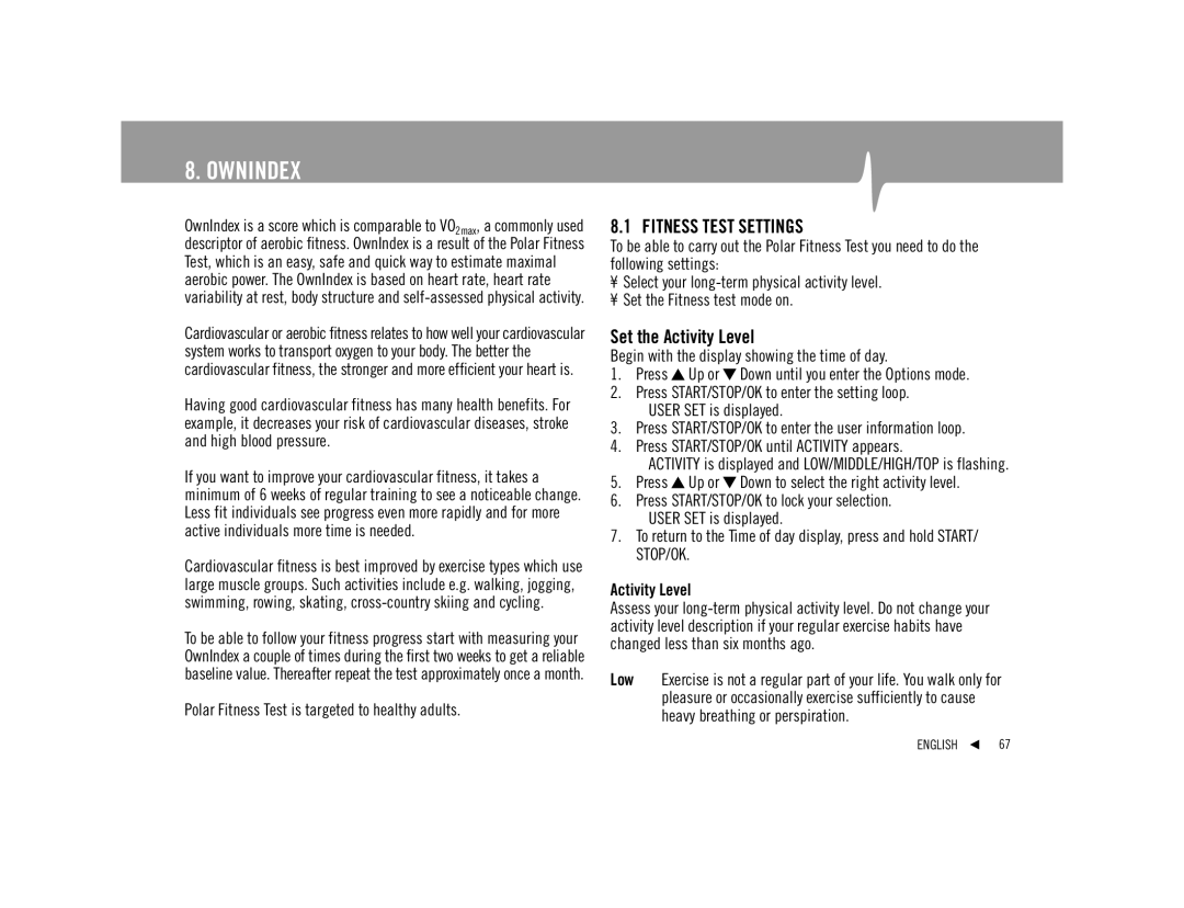 Polar F92tiTM user manual Ownindex, Fitness Test Settings, Set the Activity Level 