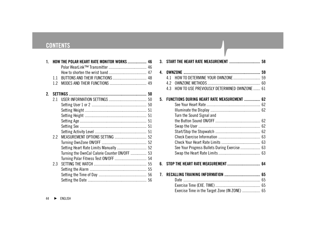 Polar F92tiTM user manual Contents 