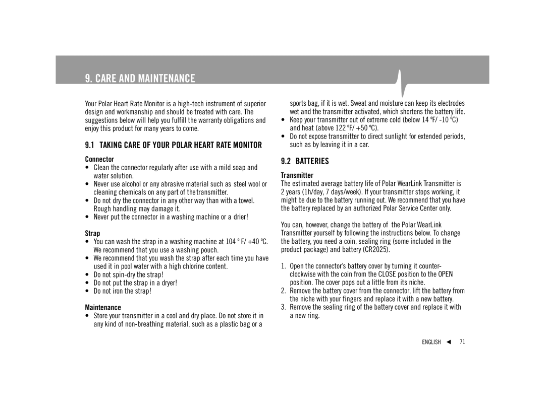 Polar F92tiTM user manual Care and Maintenance, Batteries 