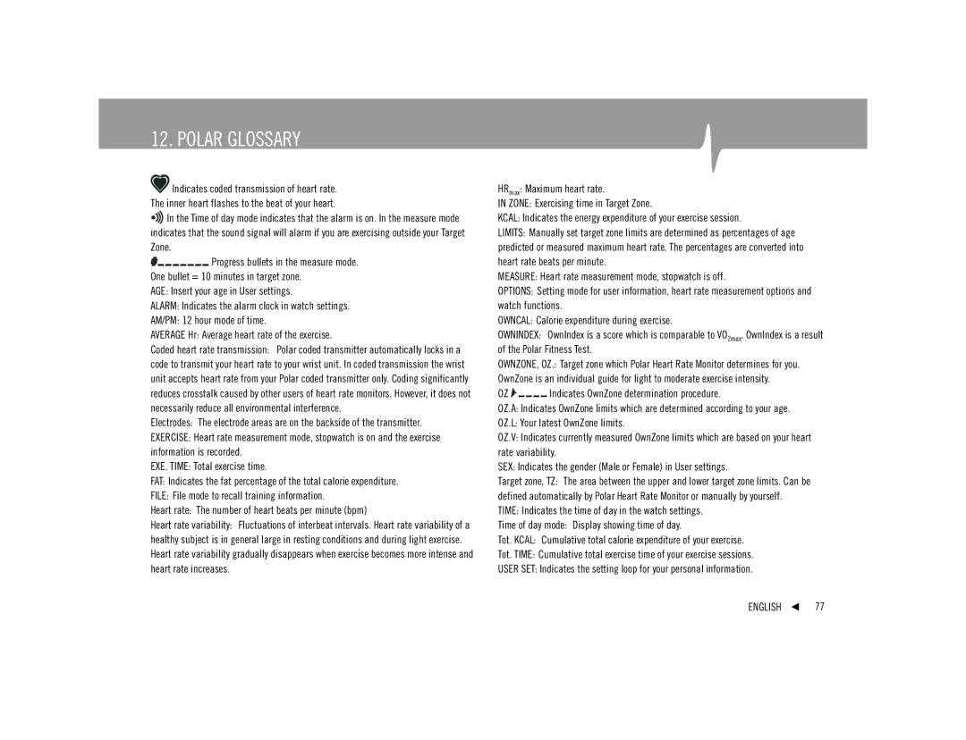 Polar F92tiTM user manual Polar Glossary 