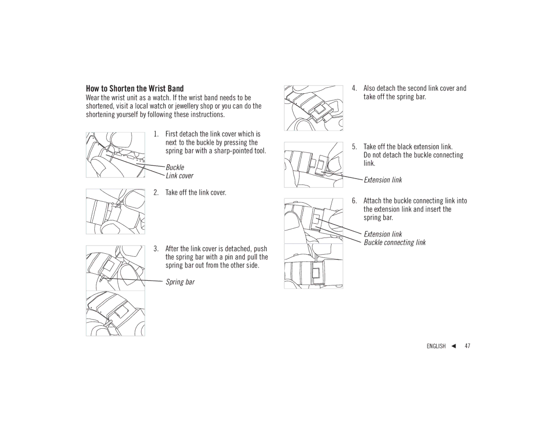 Polar F92tiTM user manual How to Shorten the Wrist Band, Spring bar 