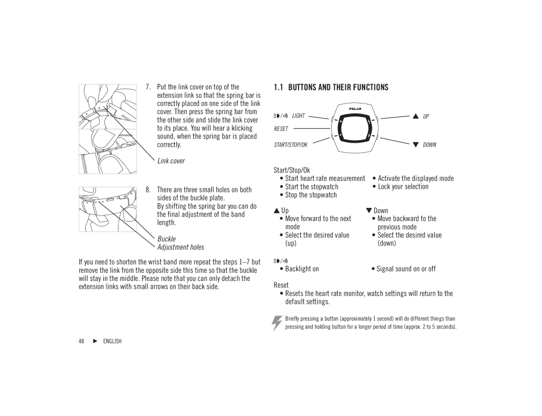 Polar F92tiTM user manual Buttons and Their Functions, Start/Stop/Ok, Move backward to the previous mode 