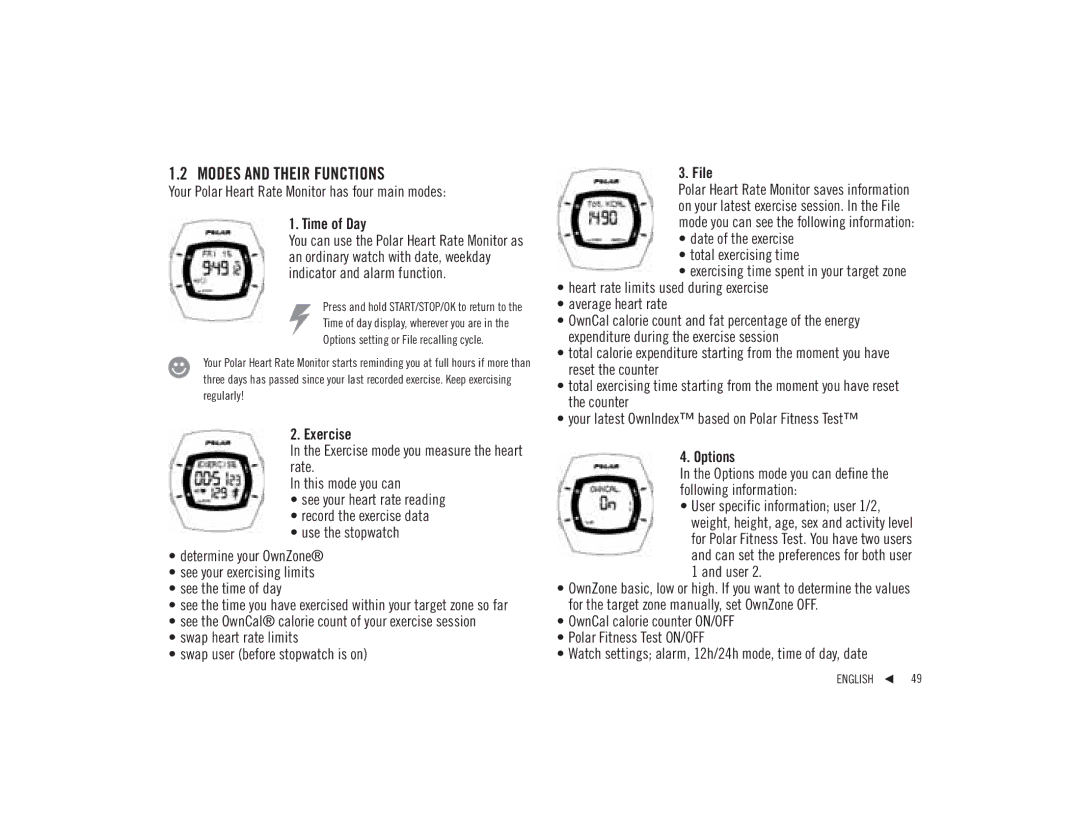 Polar F92tiTM user manual Modes and Their Functions, Time of Day, Exercise, File, Options 