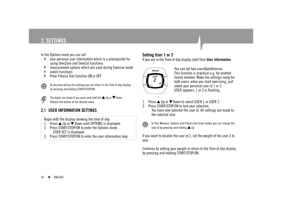 Polar F92tiTM user manual User Information Settings, Setting User 1 or 