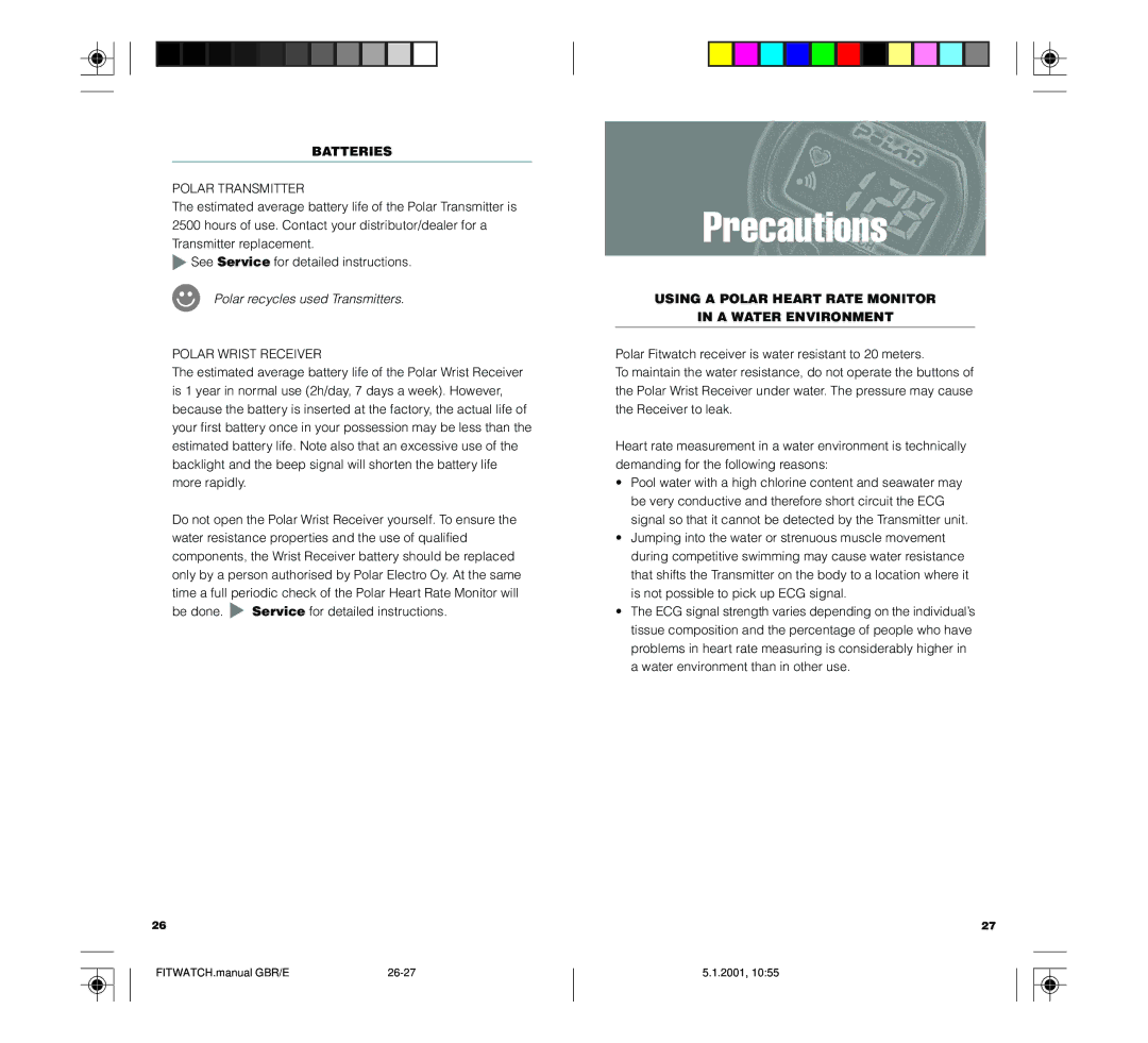 Polar FIN-90440 technical specifications Precautions, Batteries, Polar recycles used Transmitters 