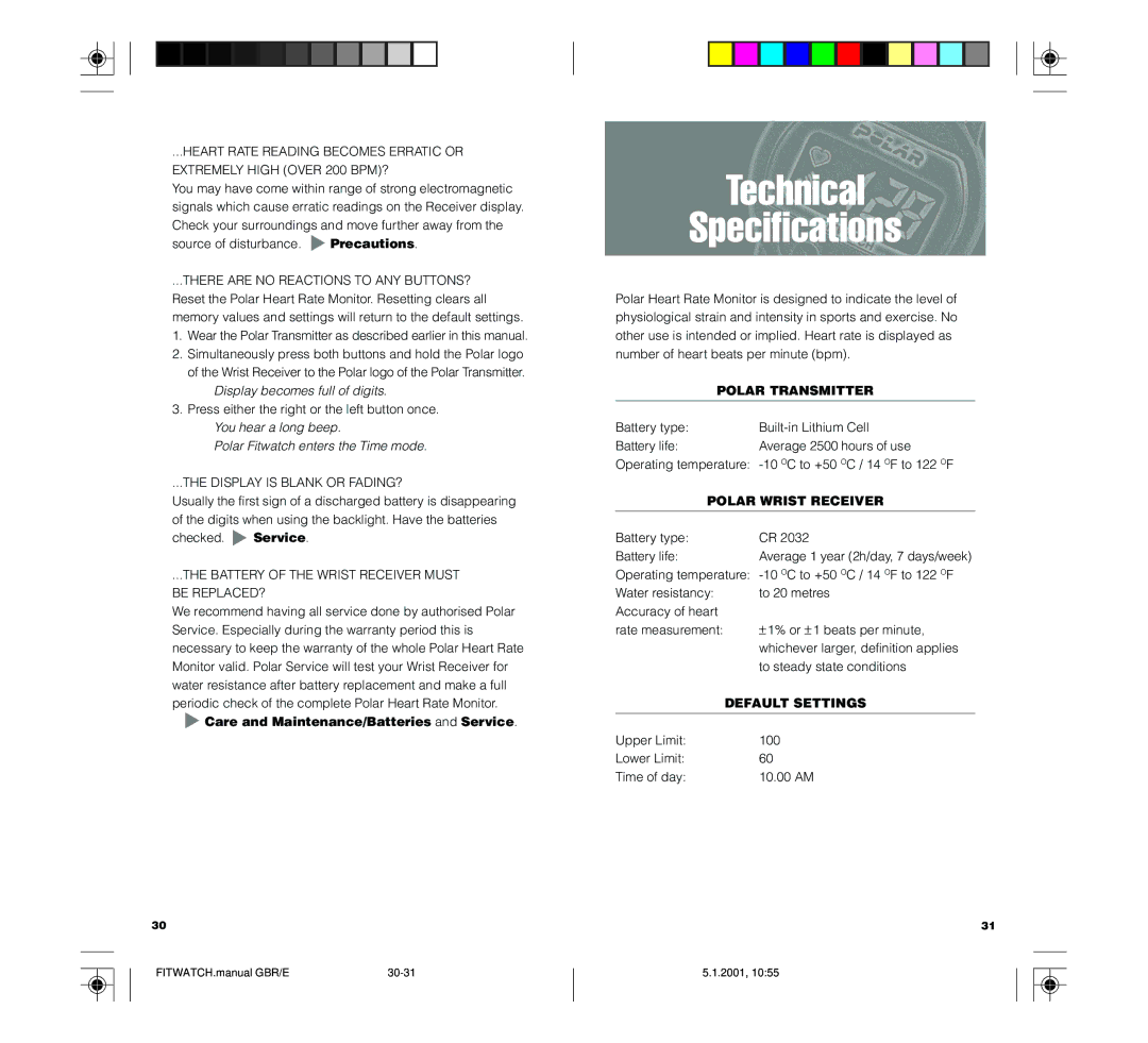 Polar FIN-90440 Technical Specifications, Care and Maintenance/Batteries and Service, Polar Transmitter, Default Settings 